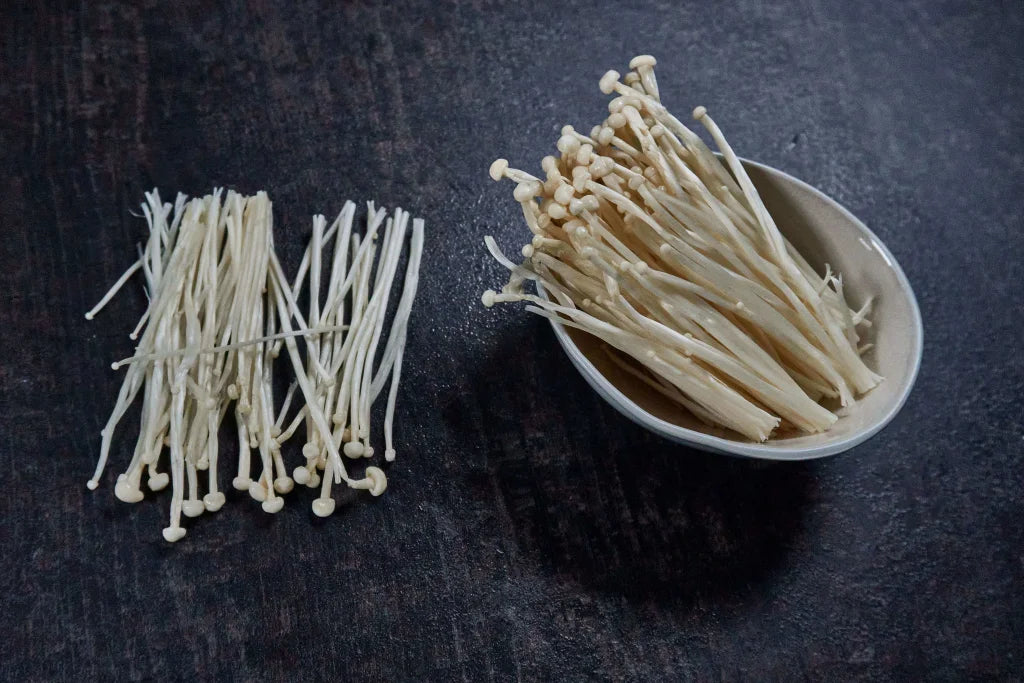 Fresh Enoki mushrooms ready for a quick and healthy stir fry recipe